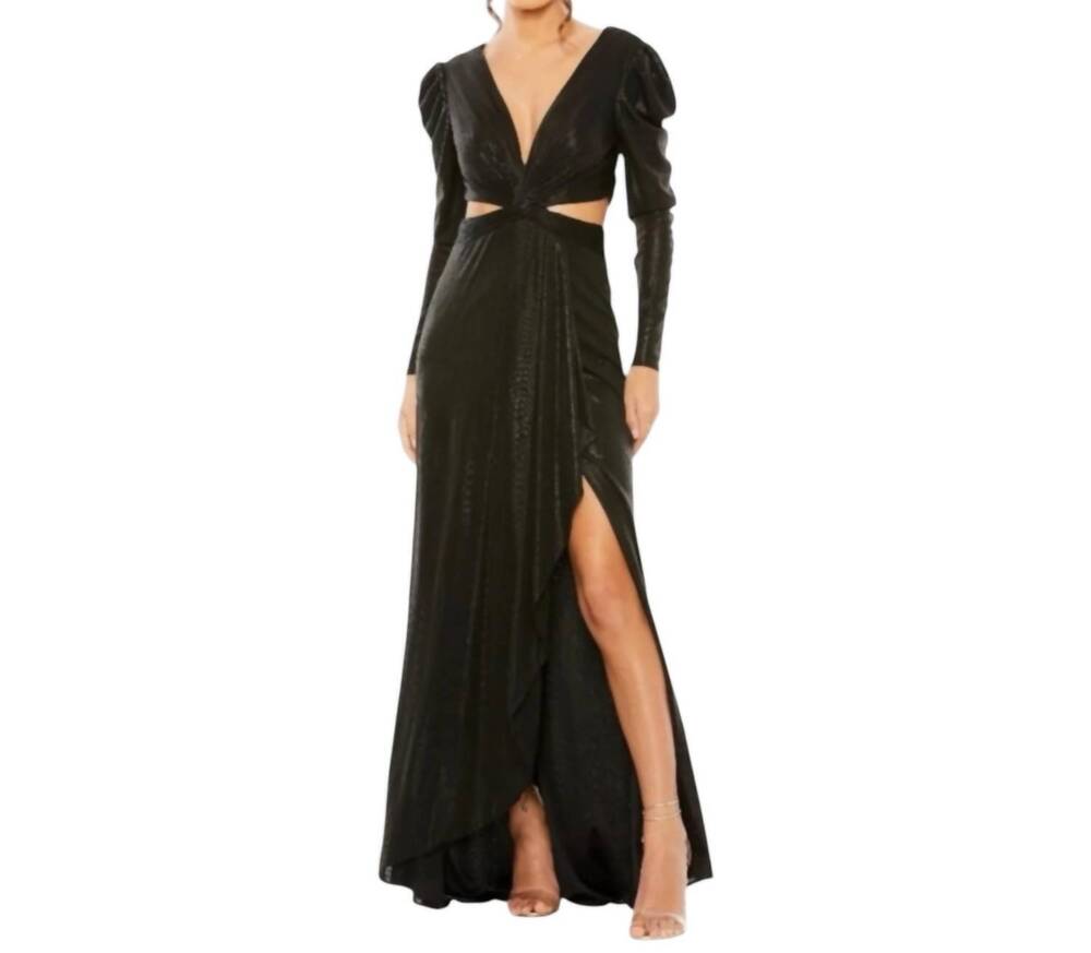 NEW MAC DUGGAL princess sleeve cut out gown in metallic black